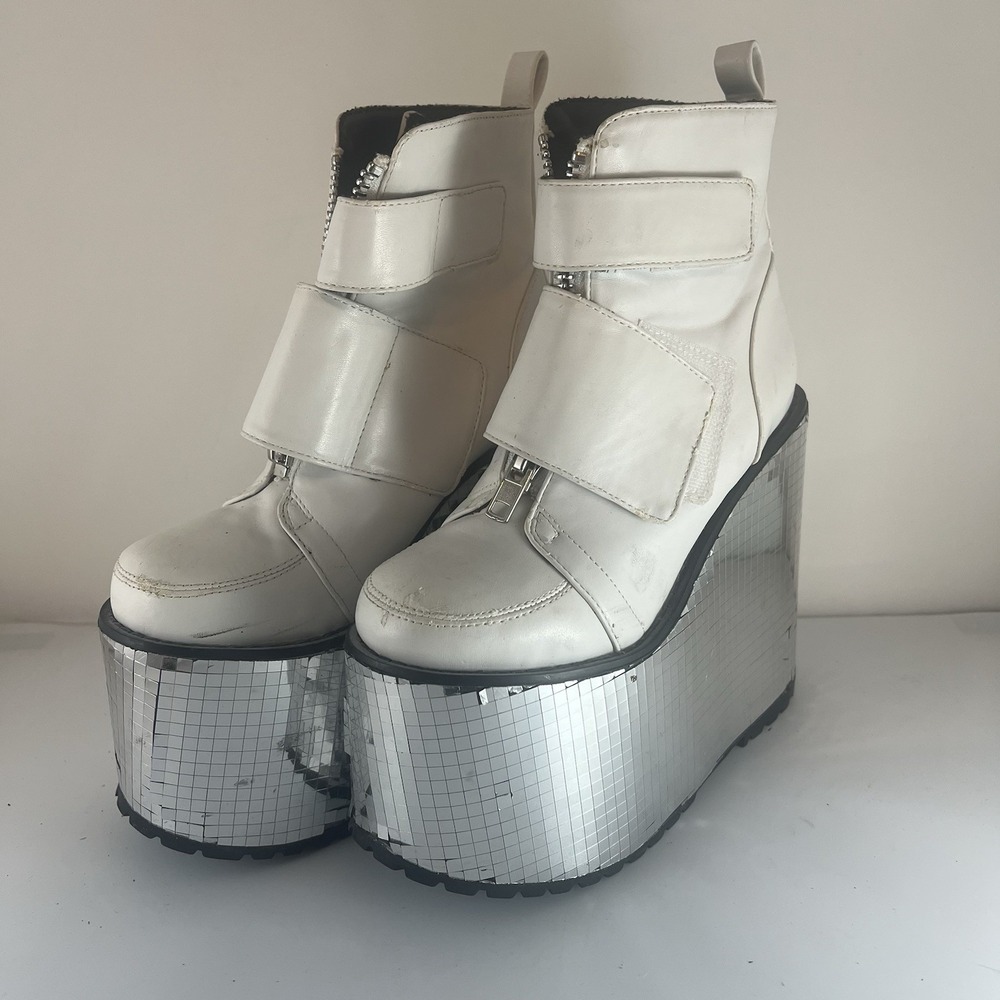 Club Exx White Platform Boots Cyber Rave Disco Mirror Wedge White Y2K Punk Sz 5